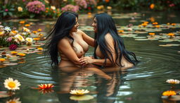 Two beautiful Indian ladies in their mid-30s, with flowing black hair and voluptuous figures, sit in the shallow waters of a serene wildlife pond, surrounded by a vibrant array of colorful plants and blooming flowers