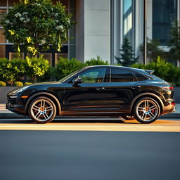 A stunning black Porsche Cayenne Coupe with sleek lines and a glossy finish, parked in an upscale urban environment