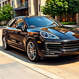 A stunning black Porsche Cayenne Coupe with sleek lines and a glossy finish, parked in an upscale urban environment