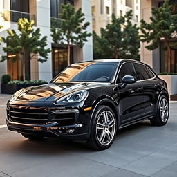 A stunning black Porsche Cayenne Coupe with sleek lines and a glossy finish, parked in an upscale urban environment