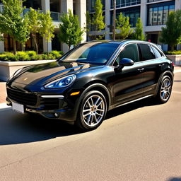 A stunning black Porsche Cayenne Coupe with sleek lines and a glossy finish, parked in an upscale urban environment