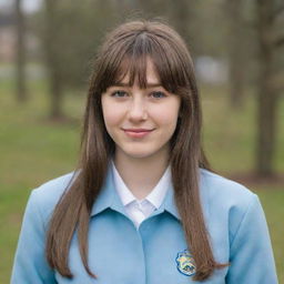 Charming young woman with long mid-length brown hair and front bangs. She has light rosy skin, hazel green eyes, a chubby body type, and an average height. She is dressed in a light blue university jacket uniform, embodying a sweet and gentle demeanor.