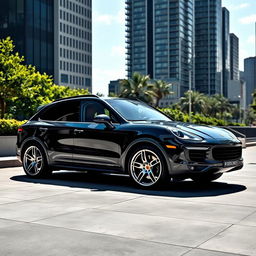 A luxurious and sporty image of a black Porsche Cayenne Coupe with stunning silver wheels, positioned in a glamorous urban environment