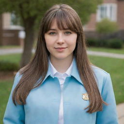 Charming young woman with long mid-length brown hair and front bangs. She has light rosy skin, hazel green eyes, a chubby body type, and an average height. She is dressed in a light blue university jacket uniform, embodying a sweet and gentle demeanor.