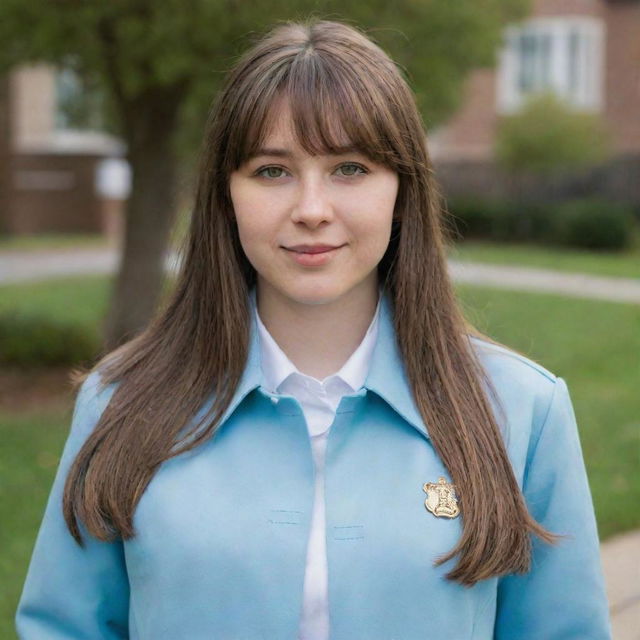 Charming young woman with long mid-length brown hair and front bangs. She has light rosy skin, hazel green eyes, a chubby body type, and an average height. She is dressed in a light blue university jacket uniform, embodying a sweet and gentle demeanor.