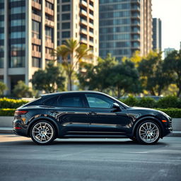 A luxurious and sporty image of a black Porsche Cayenne Coupe with stunning silver wheels, positioned in a glamorous urban environment