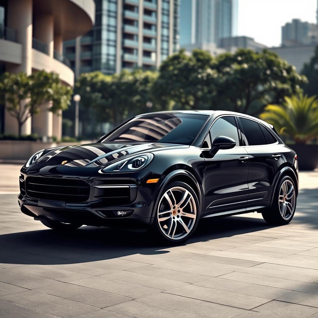 A luxurious and sporty image of a black Porsche Cayenne Coupe with stunning silver wheels, positioned in a glamorous urban environment