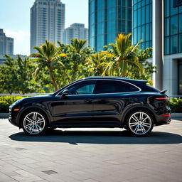 A luxurious and sporty image of a black Porsche Cayenne Coupe with stunning silver wheels, positioned in a glamorous urban environment