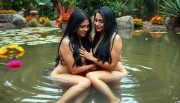 Two stunning Indian ladies in their mid-30s, boasting long black hair and curvy figures, sit gracefully in the shallow waters of a picturesque wildlife pond