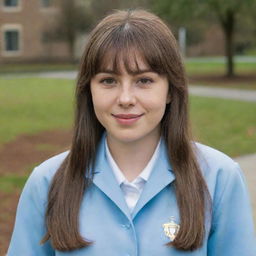 Charming young woman with long mid-length brown hair and front bangs. She has light rosy skin, hazel green eyes, a chubby body type, and an average height. She is dressed in a light blue university jacket uniform, embodying a sweet and gentle demeanor.