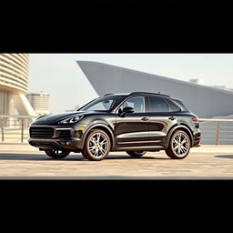 A luxurious and sporty image of a black Porsche Cayenne Coupe with striking silver wheels, exuding aerodynamic sophistication and elegance