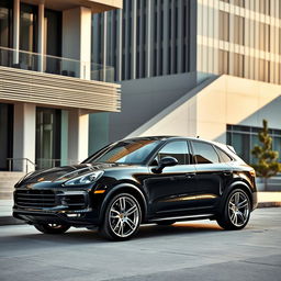 A luxurious and sporty image of a black Porsche Cayenne Coupe with striking silver wheels, exuding aerodynamic sophistication and elegance