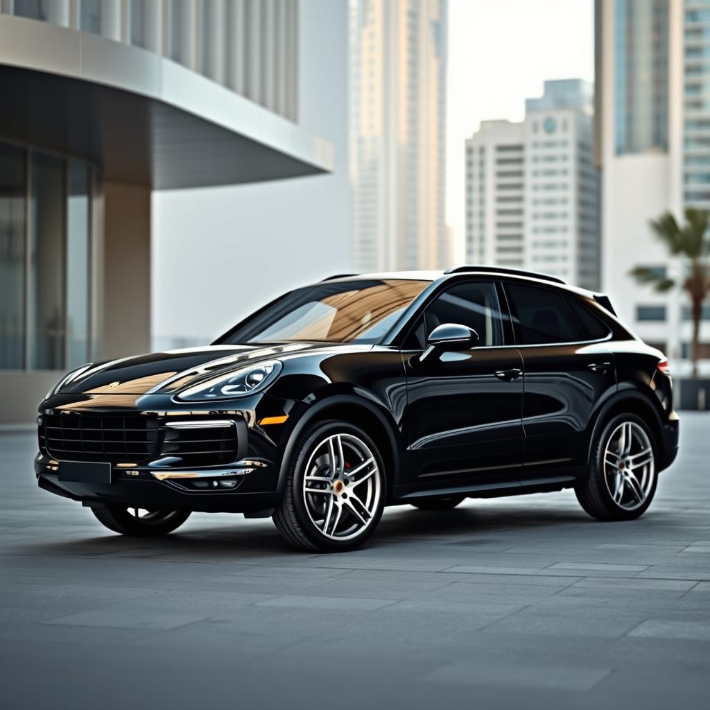 A luxurious and sporty image of a black Porsche Cayenne Coupe with striking silver wheels, exuding aerodynamic sophistication and elegance