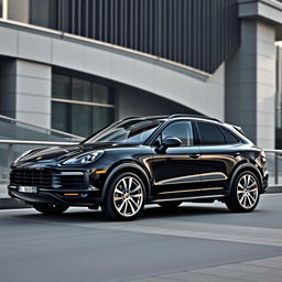 A luxurious and sporty image of a black Porsche Cayenne Coupe with striking silver wheels, exuding aerodynamic sophistication and elegance