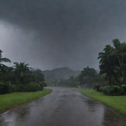 In the midst of the power outage, a heavy downpour begins, the skies unleashing torrents of rain accompanied by gusts of wind, casting an even darker and foreboding atmosphere over the Jurassic Park.