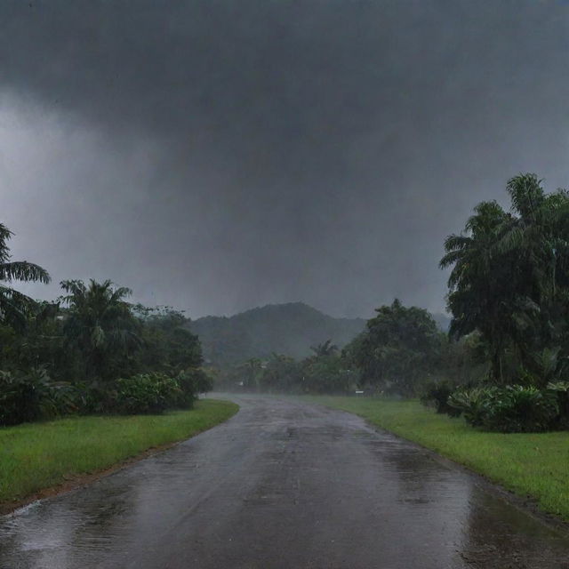 In the midst of the power outage, a heavy downpour begins, the skies unleashing torrents of rain accompanied by gusts of wind, casting an even darker and foreboding atmosphere over the Jurassic Park.