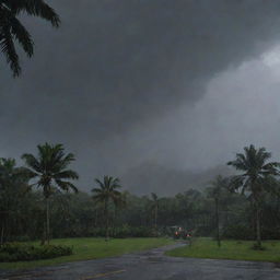 In the midst of the power outage, a heavy downpour begins, the skies unleashing torrents of rain accompanied by gusts of wind, casting an even darker and foreboding atmosphere over the Jurassic Park.