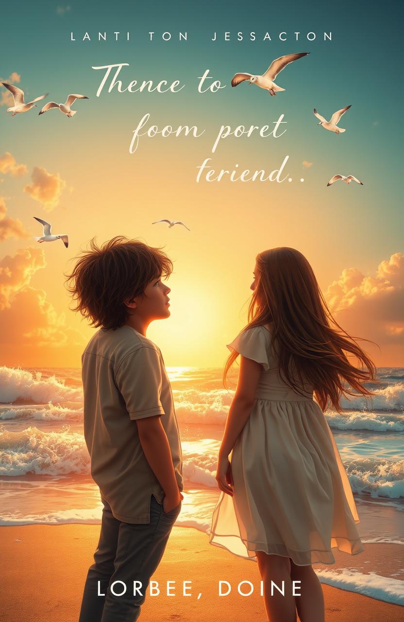 A romantic novel cover featuring two friends who have been separated, standing on a beach at sunset