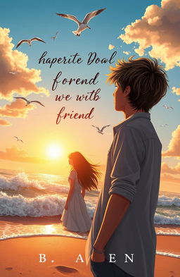 A romantic novel cover featuring two friends who have been separated, standing on a beach at sunset