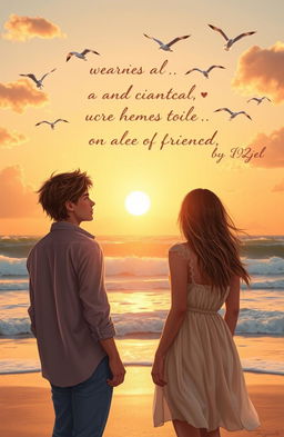 A romantic novel cover featuring two friends who have been separated, standing on a beach at sunset