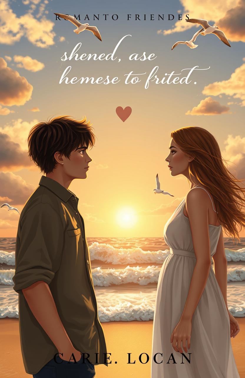 A romantic novel cover featuring two friends who have been separated, standing on a beach at sunset