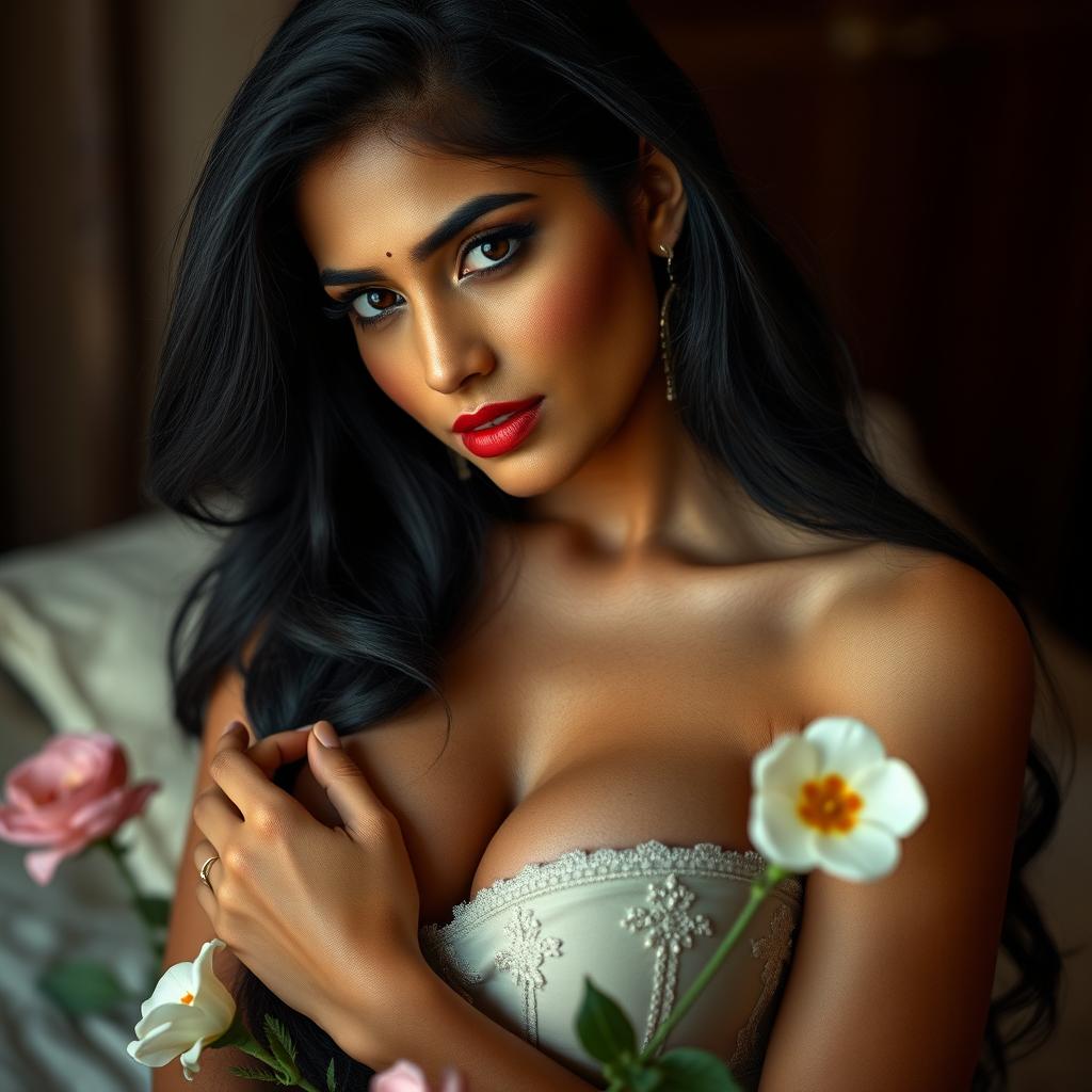 A stunning 35-year-old Indian woman with a beautiful figure, featuring a size 36 bust, long flowing black hair, and captivating features