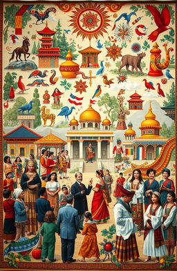 An intricate tapestry depicting various elements of cultural heritage, showcasing traditional clothing from around the world, vibrant festivals, iconic architecture, and symbols of different cultures