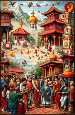 An intricate tapestry depicting various elements of cultural heritage, showcasing traditional clothing from around the world, vibrant festivals, iconic architecture, and symbols of different cultures