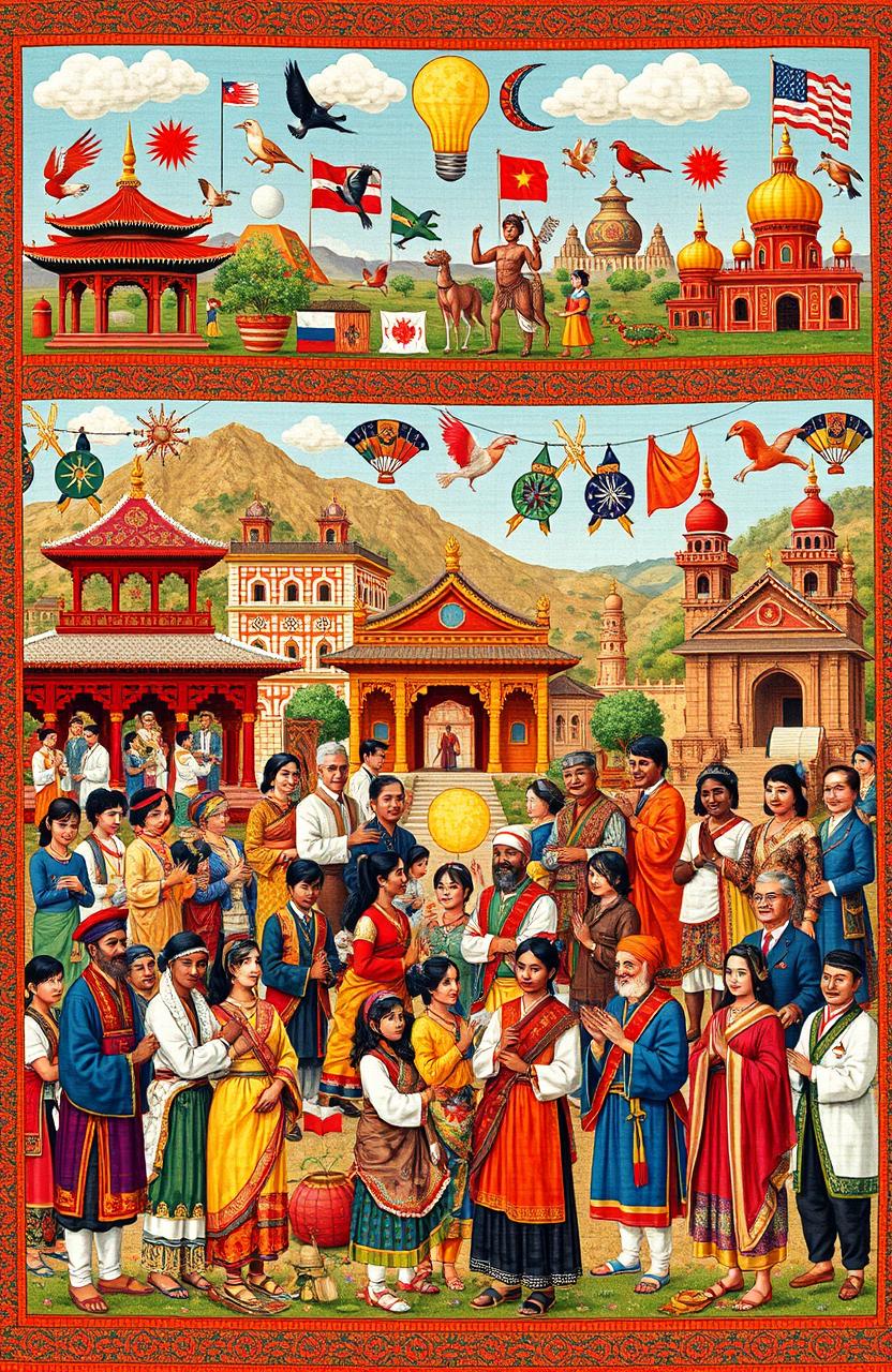 An intricate tapestry depicting various elements of cultural heritage, showcasing traditional clothing from around the world, vibrant festivals, iconic architecture, and symbols of different cultures