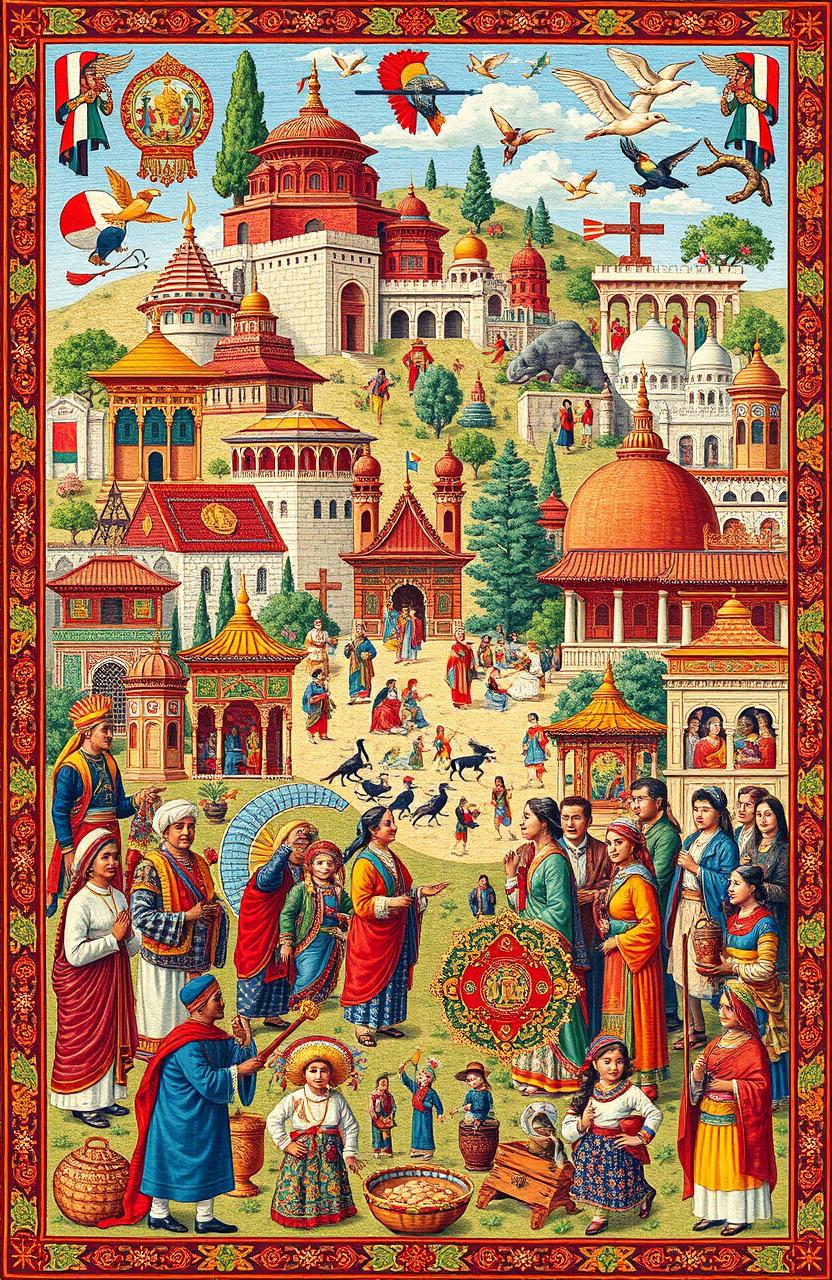 An intricate tapestry depicting various elements of cultural heritage, showcasing traditional clothing from around the world, vibrant festivals, iconic architecture, and symbols of different cultures