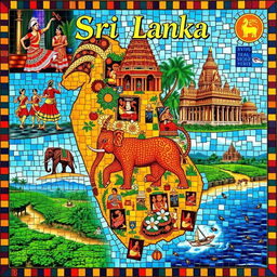 A beautiful mosaic showcasing the rich cultural heritage of Sri Lanka, featuring traditional dancers in colorful costumes performing the Kandyan dance, vibrant festivals like the Esala Perahera with illuminated elephants, intricate sculptures of ancient temples such as the Temple of the Tooth, and lush landscapes of tea plantations