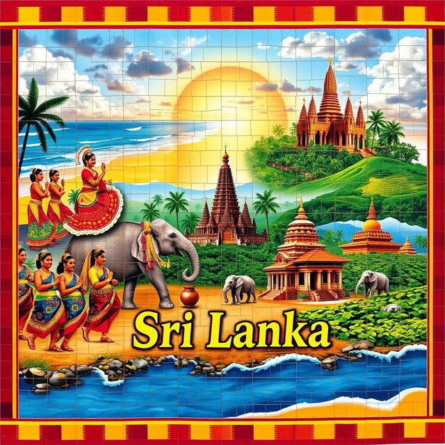 A beautiful mosaic showcasing the rich cultural heritage of Sri Lanka, featuring traditional dancers in colorful costumes performing the Kandyan dance, vibrant festivals like the Esala Perahera with illuminated elephants, intricate sculptures of ancient temples such as the Temple of the Tooth, and lush landscapes of tea plantations