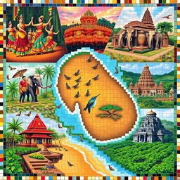 A beautiful mosaic showcasing the rich cultural heritage of Sri Lanka, featuring traditional dancers in colorful costumes performing the Kandyan dance, vibrant festivals like the Esala Perahera with illuminated elephants, intricate sculptures of ancient temples such as the Temple of the Tooth, and lush landscapes of tea plantations