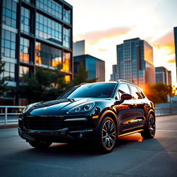 An elegant black Porsche Cayenne parked in a stylish urban setting at sunset