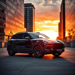 An elegant black Porsche Cayenne parked in a stylish urban setting at sunset