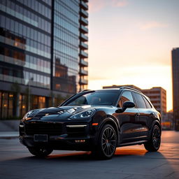 An elegant black Porsche Cayenne parked in a stylish urban setting at sunset