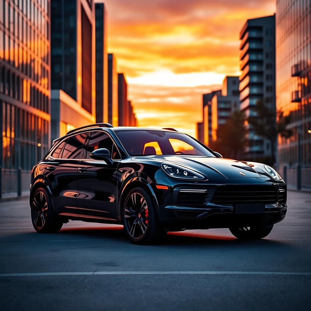 An elegant black Porsche Cayenne parked in a stylish urban setting at sunset