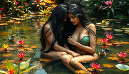 Two beautiful Indian ladies in their mid-30s with long black hair and stunning features, sitting amidst the serene and shallow waters of a picturesque wildlife pond