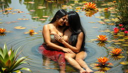 Two beautiful Indian ladies in their mid-30s with long black hair and stunning features, sitting amidst the serene and shallow waters of a picturesque wildlife pond