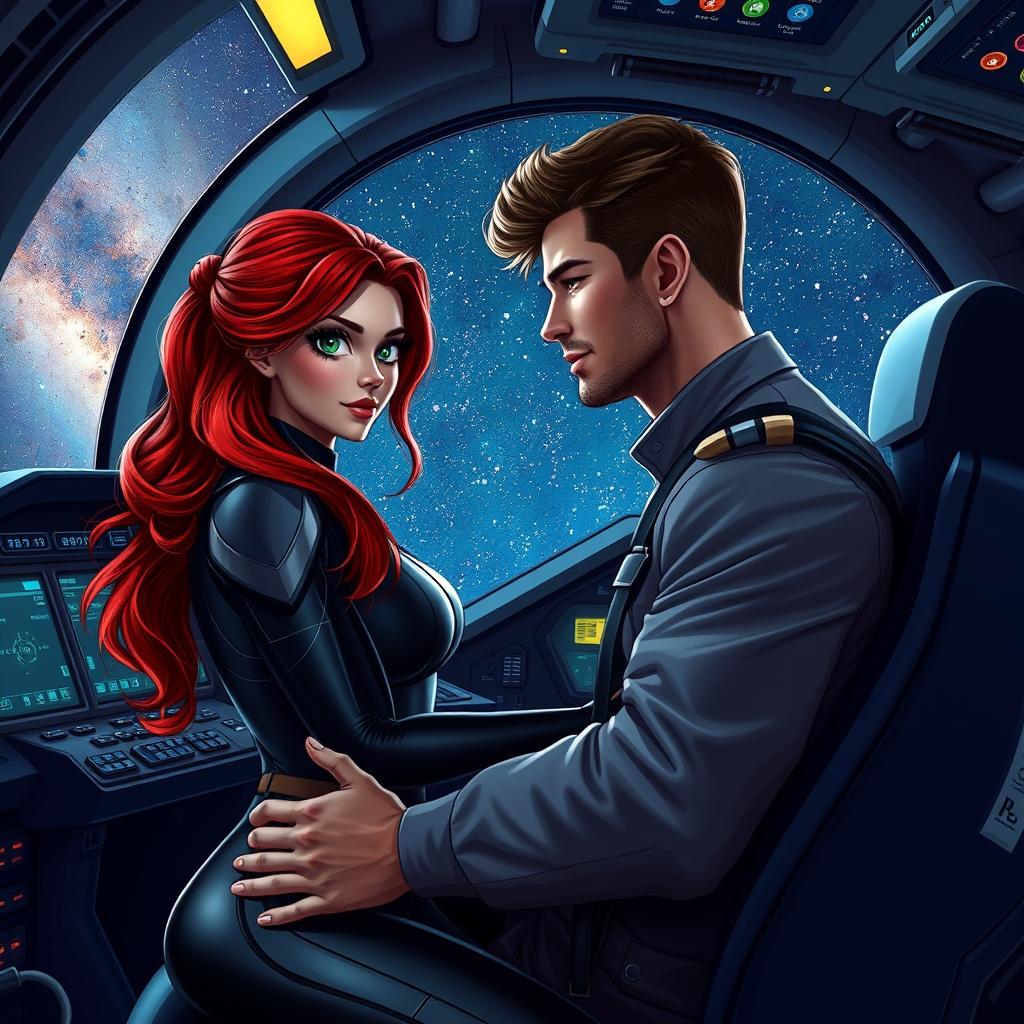 A beautiful red-haired young woman with striking green eyes embraces a handsome tall man with brown hair, seated together in the cockpit of a futuristic spaceship