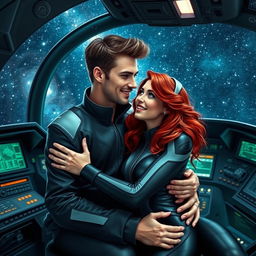 A beautiful red-haired young woman with striking green eyes embraces a handsome tall man with brown hair, seated together in the cockpit of a futuristic spaceship