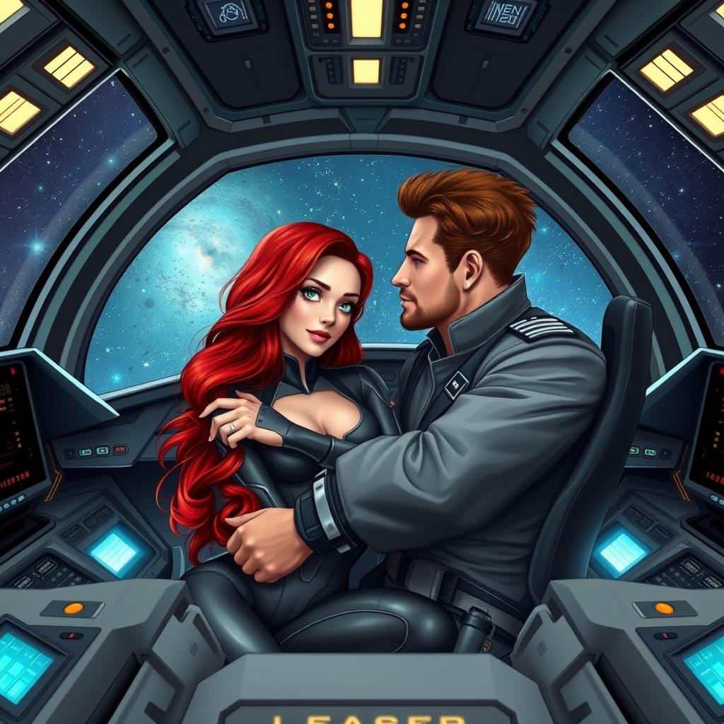 A beautiful red-haired young woman with striking green eyes embraces a handsome tall man with brown hair, seated together in the cockpit of a futuristic spaceship