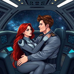 A beautiful red-haired young woman with striking green eyes embraces a handsome tall man with brown hair, seated together in the cockpit of a futuristic spaceship