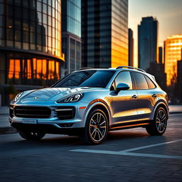 An elegant Porsche Cayenne parked in an upscale city environment during sunset