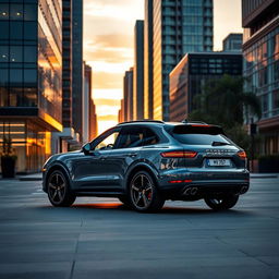 An elegant Porsche Cayenne parked in an upscale city environment during sunset