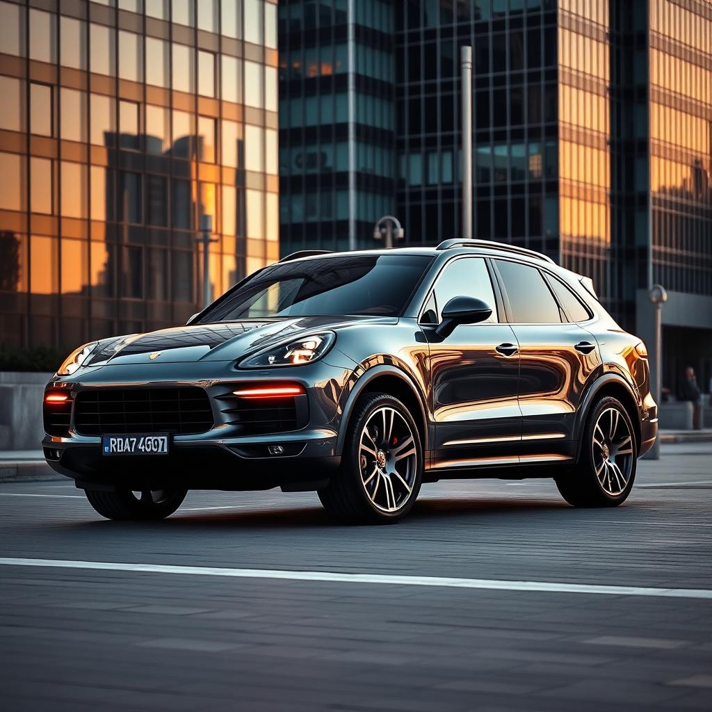 An elegant Porsche Cayenne parked in an upscale city environment during sunset