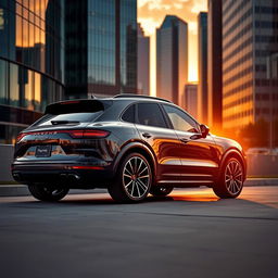 An elegant Porsche Cayenne parked in an upscale city environment during sunset