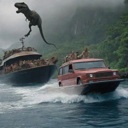 In the ensuing chaos, the flamboyant millionaire quickly boards his luxurious yacht, abandoning the storm-ravaged island and the astonished visitors, leaving Jurassic Park in the clutches of the unleashed prehistoric beasts.