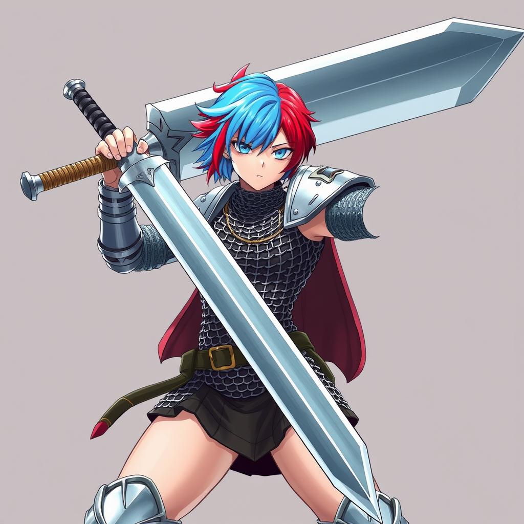 A human fighter wielding a gigantic greatsword, dramatically raised in an empowering stance