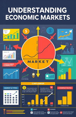 A vibrant and informative poster showcasing economic market concepts, featuring various elements of market economics such as supply and demand curves, consumer behavior, market types (perfect competition, monopoly, oligopoly), and key economic indicators like GDP, inflation rate, and unemployment rate